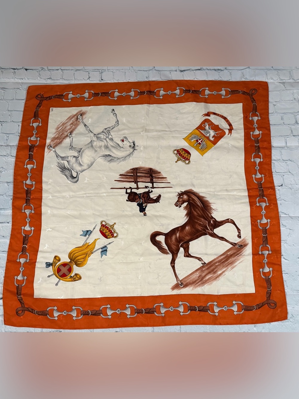Yves Saint Laurent Orange, Cream & Brown Equestrian Silk Scarf